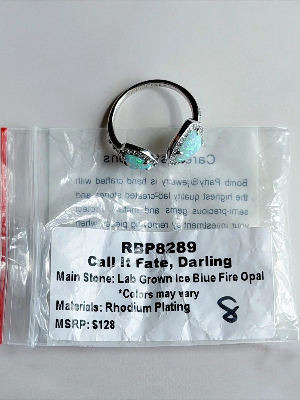 Bomb Party Call It Fate Darling Blue Fire Opal Halo Statement Ring Size 8